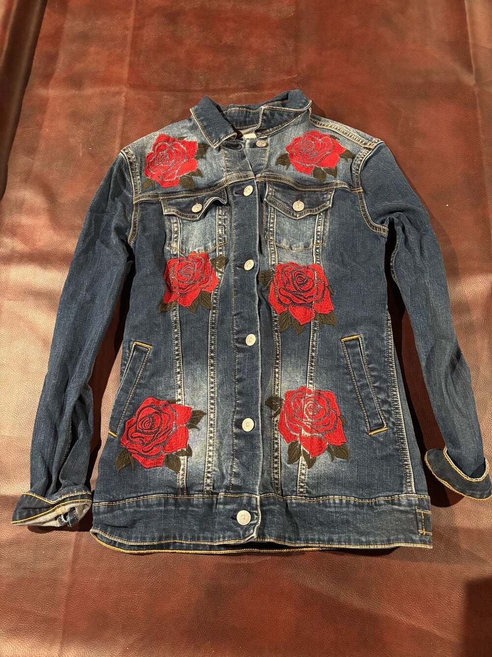 LuLaRoe Jaxon Denim Jacket Size XS Embroidered Roses